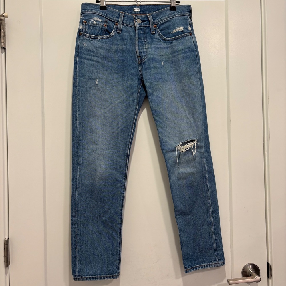 Levis 501 T Tapered Mens Distressed Blue Denim Jeans Medium Wash 5074 30x27